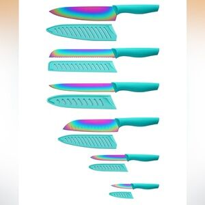 Rainbow Titanium Knife Set with Teal Handles